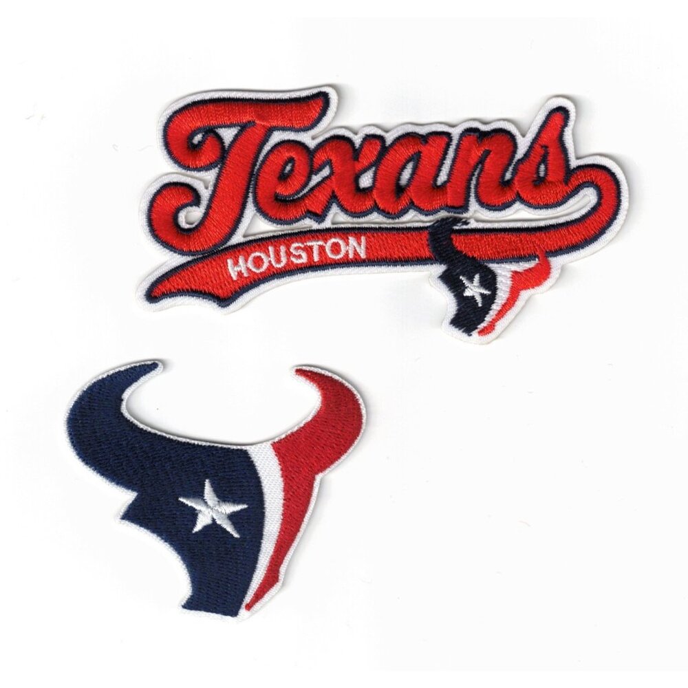 (2) Houston Texans Script + Team Logo NFL Embroidered 4in Iron / Sew-On Patch